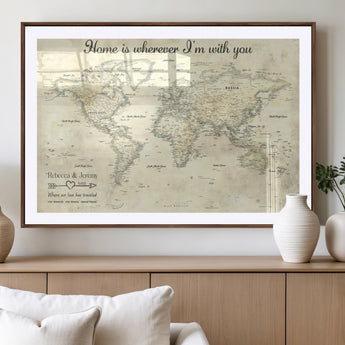 35009043-MGV-CV-36X24-Personalized World Map Wall Art – Vintage Beige Travel Map with Custom Names and Date, Romantic Anniversary Gift for Couples Home
