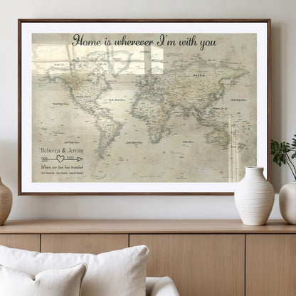 35009043-MGV-CV-36X24-Personalized World Map Wall Art – Vintage Beige Travel Map with Custom Names and Date, Romantic Anniversary Gift for Couples Home