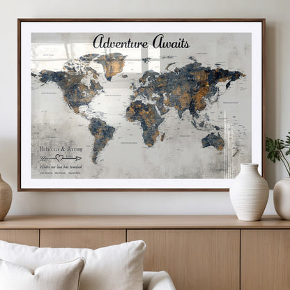11751559-MGV-CV-36X24-Personalized World Map Wall Art – Elegant Adventure Travel Tracker Map for Couples & Families, Push Pin Canvas Poster Decor for Home, Office