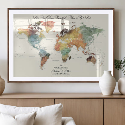 10311652-MGV-CV-36X24-Personalized World Map Wall Art - Watercolor Travel Map with Custom Names Minimalist Design for Couples&Families - Decor for Home,
