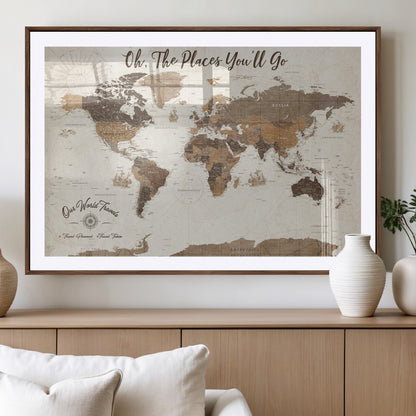 14140137-MGV-CV-36X24-Personalized World Map Wall Art – Vintage Nautical Adventure Map with Ships and Compass, Rustic Sepia Tones for Travel Lovers and