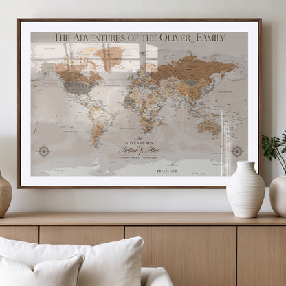 34289723-MGV-CV-36X24-Personalized World Map Wall Art – Elegant Beige and Brown Adventure Map Canvas Print for Family Home, Living Room, Study or Office
