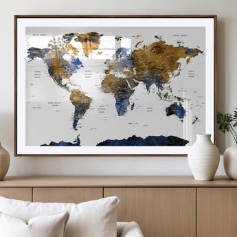 MGC-FP-36x24 - World Map Wall Art Canvas Print, Framed Blue Gold Map Art Picture Print, Rustic Atlas Perfect Rustic Modern Decor Artwork
