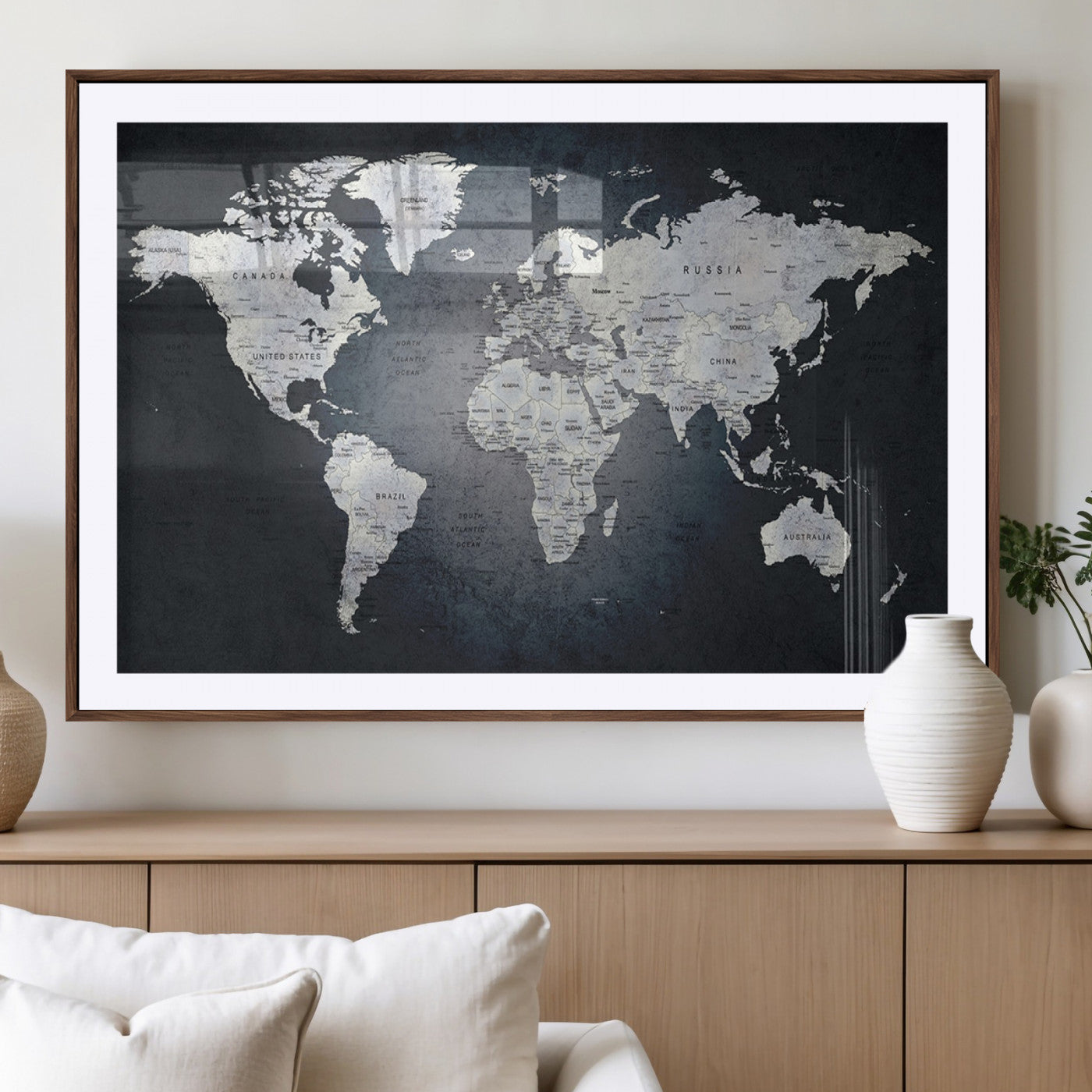 MGC-FP-36x24 - Monochrome World Map Wall Art Canvas Print, Framed Minimalist Map Art Picture Print, Modern Atlas Perfect Modern Minimalist Decor Artwork