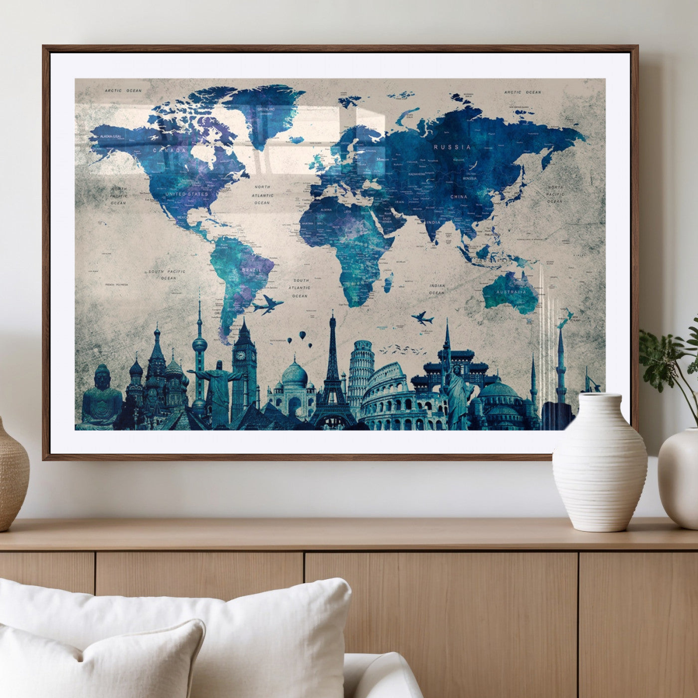 MGC-FP-36x24 - Blue World Map Wall Art Canvas Print, Framed Iconic Landmarks Art Picture Print, Blue Globe Map Perfect Elegant Explorer Decor Artwork