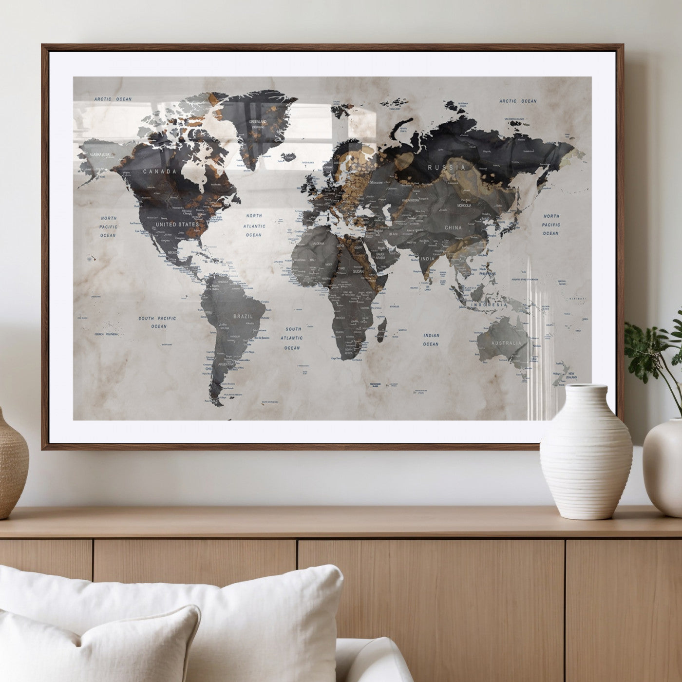 MGC-FP-36x24 - World Map Wall Art Canvas Print, Framed Rustic Map Art Picture Print, Antique Map Perfect Rustic Explorer Decor Artwork