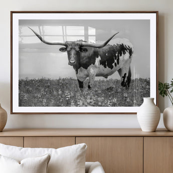 83785-MGV-CV-36X24-Texas Longhorn Wall Art Canvas Print, Framed Horned Bull Art Picture Print, Monochrome Cattle Perfect Rustic Western Decor Artwork