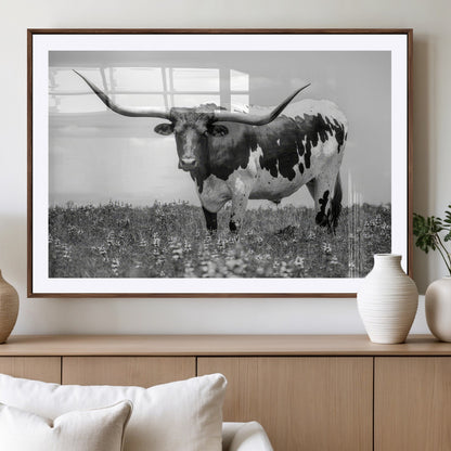 83785-MGV-CV-36X24-Texas Longhorn Wall Art Canvas Print, Framed Horned Bull Art Picture Print, Monochrome Cattle Perfect Rustic Western Decor Artwork