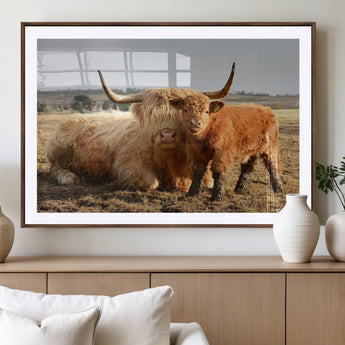 88780-MGV-CV-36X24-Highland Cow Wall Art Canvas Print, Framed Cow Calf Art Picture Print, Scottish Cattle Perfect Rustic Farmhouse Decor Artwork