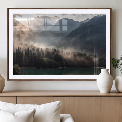 64758-MGV-CV-36X24-Misty Mountains Wall Art Canvas Print, Framed Moody Pines Art Picture Print, Forest Lake Perfect Moody Alpine Decor Artwork