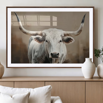 63550-MGV-CV-36X24-Texas Longhorn Wall Art Canvas Print, Framed White Bull Art Picture Print, Horned Cattle Perfect Rustic Western Decor Artwork