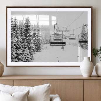 49274-MGV-CV-36X24-Snowy Forest Wall Art Canvas Print, Framed Ski Lift Art Picture Print, Mountain Snow Perfect Minimal Winter Lodge Decor Artwork