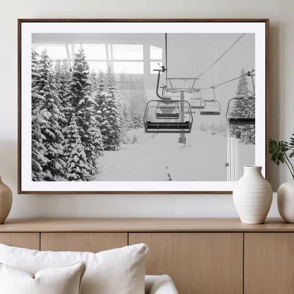 49274-MGC-FP-36x24_Walnut-Snowy Forest Wall Art Canvas Print, Framed Ski Lift Art Picture Print, Mountain Snow Perfect Minimal Winter Lodge Decor Artwork