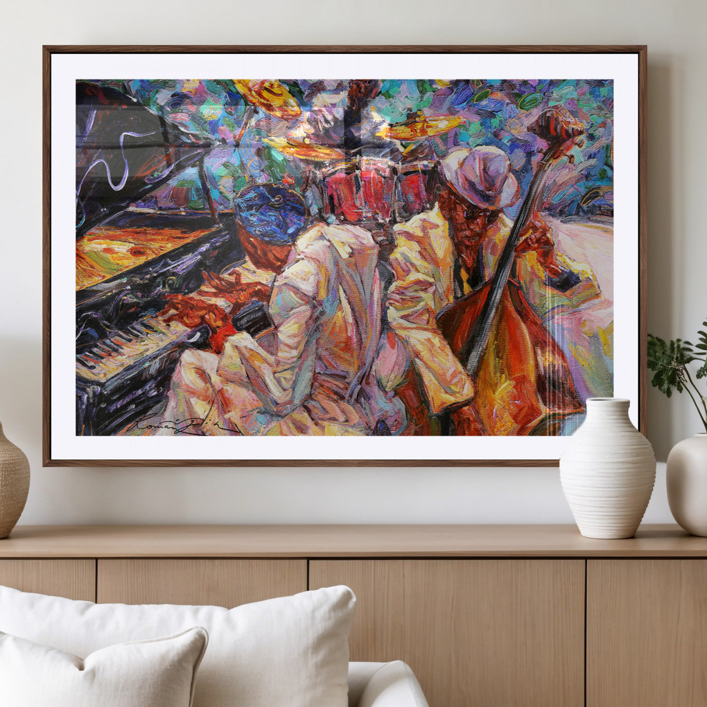13675-MGV-CV-36X24-Jazz Band Wall Art Canvas Print, Framed Jazz Oil Painting Art Picture Print, Vibrant Music Perfect Abstract Musical Decor Artwork