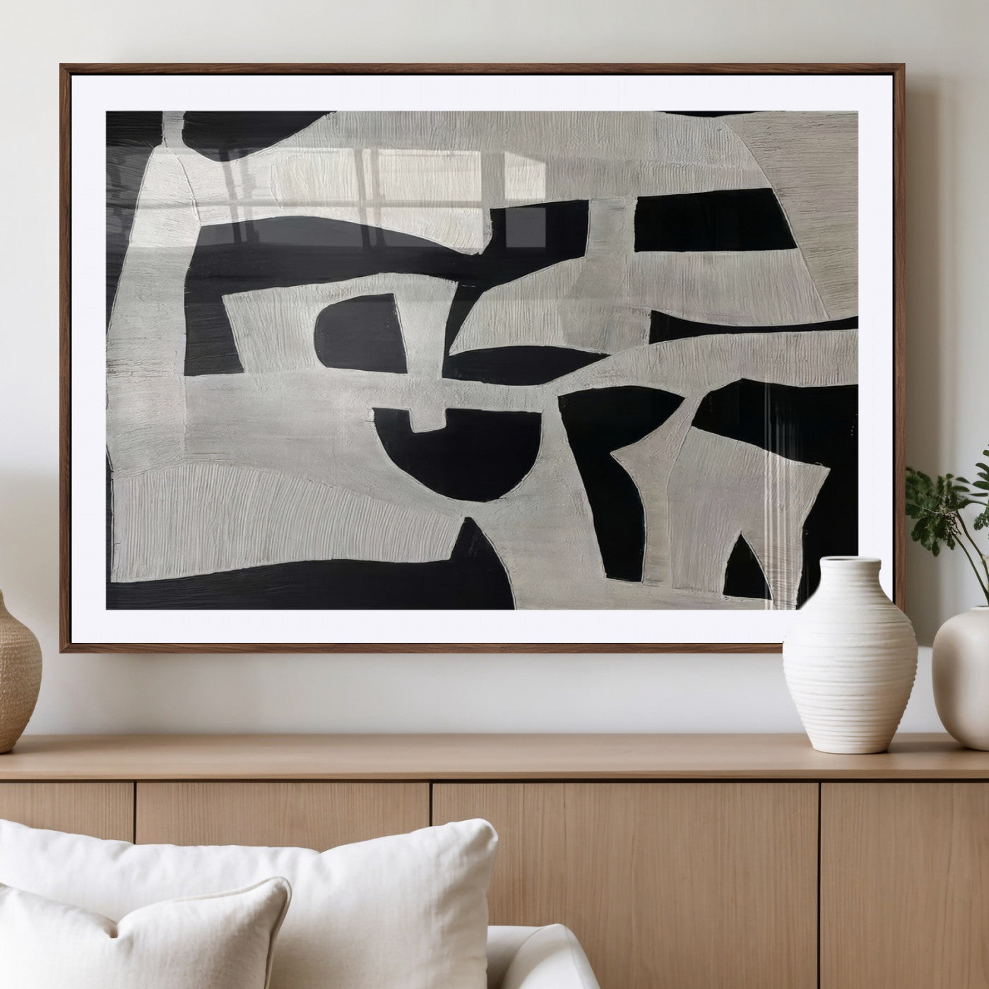 33714-MGV-CV-36X24-Monochrome Design Wall Art Canvas Print, Framed Modern Linework Art Picture Print, Textured Shapes Perfect Monochrome Modern Decor