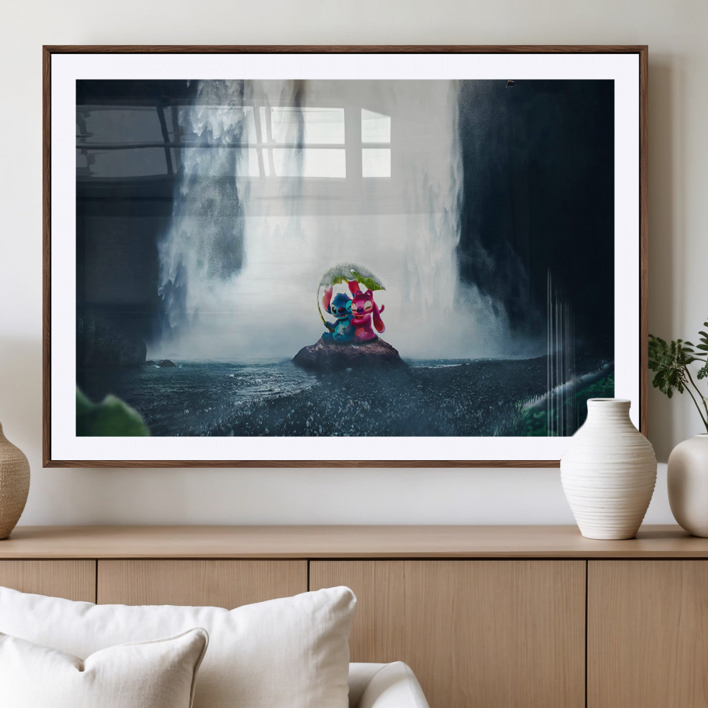 32259-MGV-CV-36X24-Stitch Angel Wall Art Canvas Print, Framed Stitch Waterfall Art Picture Print, Cartoon Couple Perfect Moody Fantasy Decor Artwork