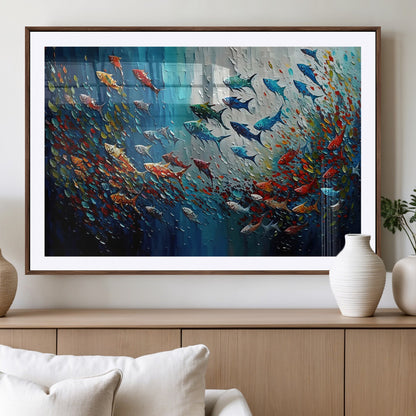 89626-MGV-CV-36X24-Fish Swarm Wall Art Canvas Print, Framed Abstract Ocean Art Picture Print, Underwater Life Perfect Vibrant Coastal Decor Artwork