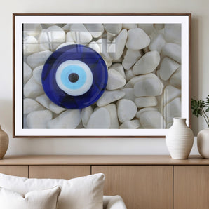 48883-MGV-CV-36X24-Evil Eye Wall Art – Deep Blue Symbol of Presence and Calm on White Stones, Subtle Spiritual Decor for Entryway, Studio, Office or