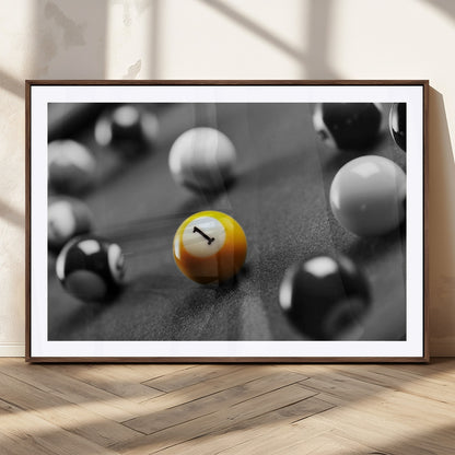 52108-MGC-FP-36x24_Walnut-Precision Pool Table Wall Art – Close Up Yellow 1 Ball Canvas Print, Hand-Played Billiards Game Decor for Office, Game Room, or