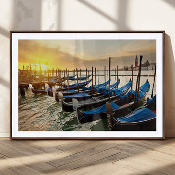 25872-MGC-FP-36x24_Walnut-Venetian Gondola Dock Wall Art – Serene Sunset Canal Canvas Print, Tranquil Water Travel Decor for Office, Living Room, or Man