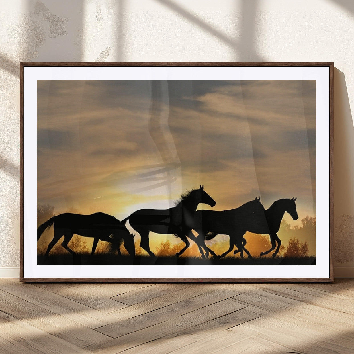 16620-MGC-FP-36x24_Walnut-Sunset Stallions Wall Art – Silhouetted Horses Running Canvas Print, Nature’s Rhythm, Perfect for Living Room, Office, or Man Cave