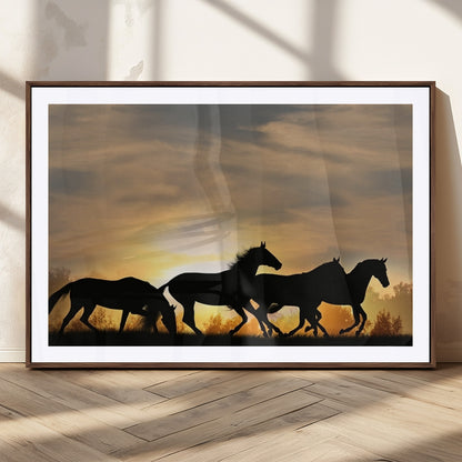 16620-MGC-FP-36x24_Walnut-Sunset Stallions Wall Art – Silhouetted Horses Running Canvas Print, Nature’s Rhythm, Perfect for Living Room, Office, or Man Cave