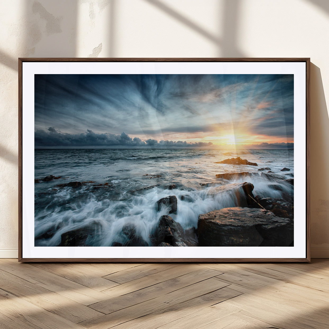 33428-MGC-FP-36x24_Walnut-Ocean Sunrise Wall Art – Serene Seascape Canvas Print, Coastal Home or Office Decor, Perfect for Living Room, Bedroom, or Study