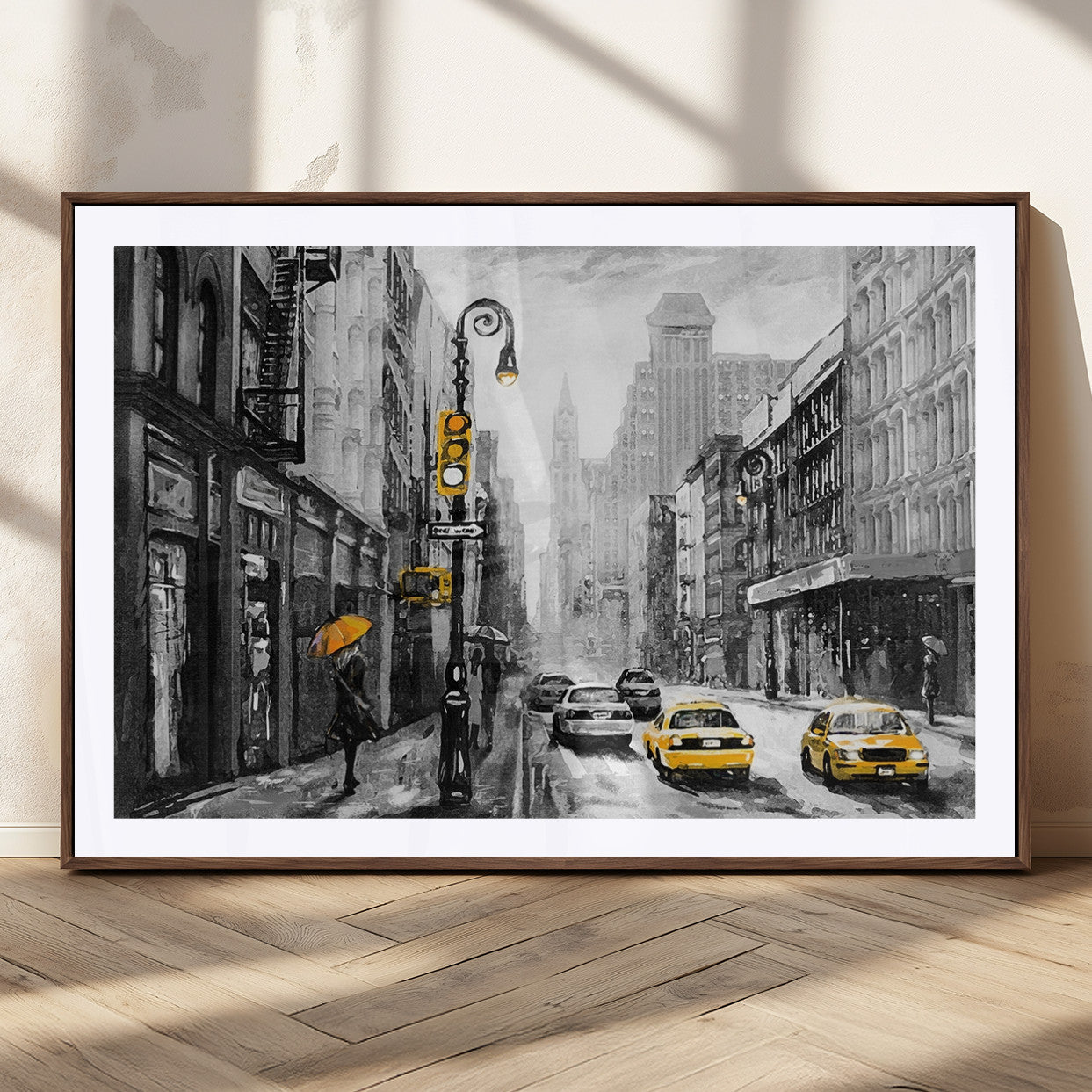 32362-MGC-FP-36x24_Walnut-NYC Street Wall Art – Black and White Cityscape with Yellow Taxis and Umbrella Canvas Print, Urban Home Decor for Living Room or