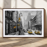 32362-MGC-FP-36x24_Walnut-NYC Street Wall Art – Black and White Cityscape with Yellow Taxis and Umbrella Canvas Print, Urban Home Decor for Living Room or