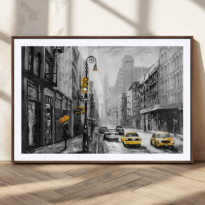 32362-MGC-FP-36x24_Walnut-NYC Street Wall Art – Black and White Cityscape with Yellow Taxis and Umbrella Canvas Print, Urban Home Decor for Living Room or
