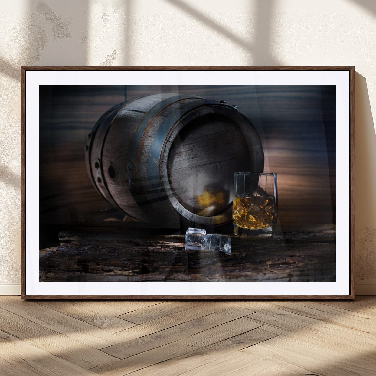 78049-MGC-FP-36x24_Walnut-Whiskey Barrel Wall Art – Rustic Whiskey Barrel and Glass with Ice Canvas Print, Classic Bar or Lounge Decor for Home, Office, or