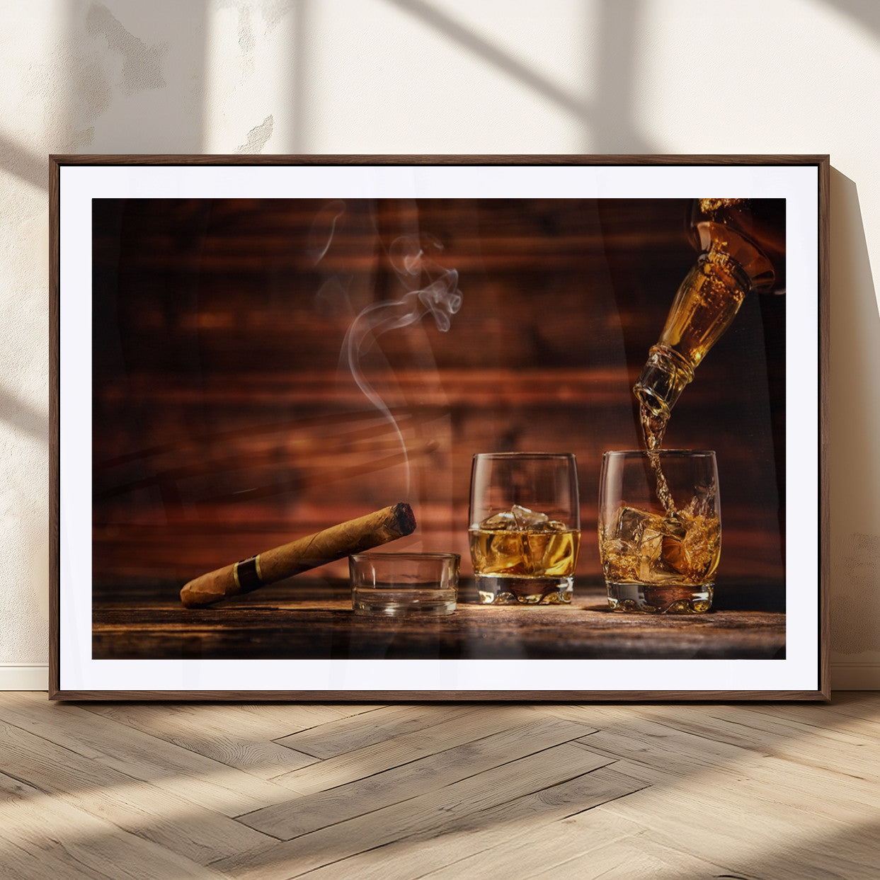 91042-MGC-FP-36x24_Walnut-Whiskey & Cigar Wall Art – Elegant Whiskey Pour and Smoldering Cigar Canvas Print, Sophisticated Bar or Lounge Decor for Home,