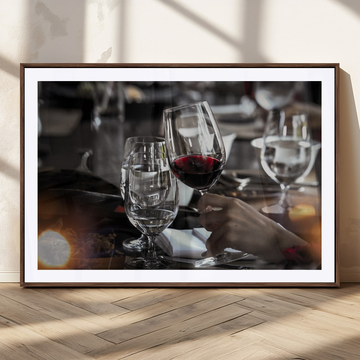 75513-MGC-FP-36x24_Walnut-Elegant Wine Toast Wall Art – Close-Up Red Wine Glass at Dinner Table Canvas Print, Sophisticated Dining Room or Bar Decor