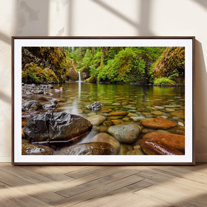 98096-MGC-FP-36x24_Walnut-Serene River Waterfall Nature Photo – Calm Clear Water, Vibrant Green Forest and Smooth Stones Landscape Wall Art for Home or