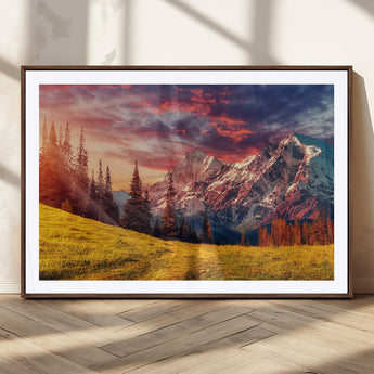 83947-MGC-FP-36x24_Walnut-Sunset Mountain Landscape Wall Art – Panoramic Alpine Meadow and Snow Capped Peaks Canvas Print, Nature Scenic Decor for Home,