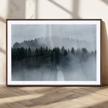 42596-MGC-FP-36x24_Walnut-Misty Forest Wall Art – Atmospheric Pine Trees Canvas Print, Nature Landscape Decor for Living Room, Bedroom, Office, or Cabin