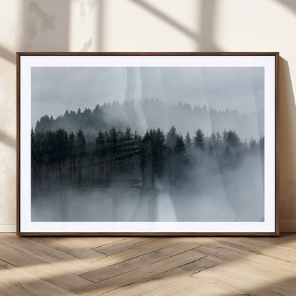 42596-MGC-FP-36x24_Walnut-Misty Forest Wall Art – Atmospheric Pine Trees Canvas Print, Nature Landscape Decor for Living Room, Bedroom, Office, or Cabin