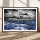 36012-MGC-FP-36x24_Walnut-Dramatic Stormy Ocean Waves Black and White with Deep Blue Highlights – Moody Seascape Wall Art, Nature Photography Print for Home