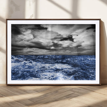 36012-MGC-FP-36x24_Walnut-Dramatic Stormy Ocean Waves Black and White with Deep Blue Highlights – Moody Seascape Wall Art, Nature Photography Print for Home