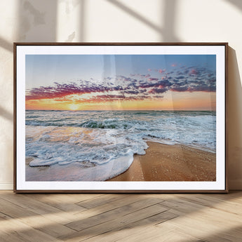 39560-MGC-FP-36x24_Walnut-Sunrise Beach Wall Art – Vibrant Ocean Waves and Golden Sand Canvas Print, Seaside Coastal Decor for Living Room, Bedroom or