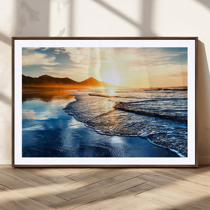 86173-MGC-FP-36x24_Walnut-Golden Sunset Beach Wall Art – Reflective Ocean Canvas Print with Mountains and Waves, Coastal Nature Decor for Living Room,