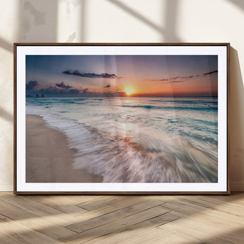 71849-MGC-FP-36x24_Walnut-Sunrise Ocean Beach Wall Art – Serene Seascape Canvas Print with Gentle Waves, Coastal Nature Decor for Bedroom, Living Room or