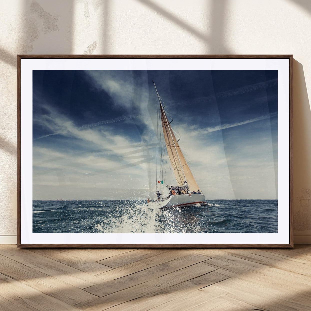 75430-MGC-FP-36x24_Walnut-Sailing Boat Wall Art – Dynamic Ocean Yacht Canvas Print, Nautical Decor for Living Room, Office, Beach House or Cabin