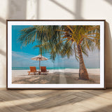 69754-MGC-FP-36x24_Walnut-Tropical Beach Wall Art – Relaxing Palm Tree and Lounge Chairs Canvas Print, Serene Coastal Decor for Living Room, Bedroom, Office