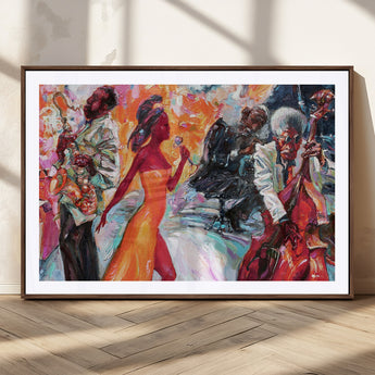 24452-MGC-FP-36x24_Walnut-Vibrant Jazz Musician Painting - Expressive Art Print of Live Jazz Band, Perfect Wall Decor for Music Lovers and Art Enthusiasts