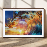 52890-MGC-FP-36x24_Walnut-Surfing Wave Wall Art Canvas Print, Framed Sunset Ocean Art Picture Print, Ocean Wave Perfect Nautical Decor Artwork
