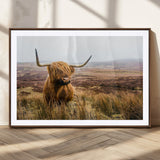 79391-MGC-FP-36x24_Walnut-Majestic Highland Cow in Misty Scottish Moorland – Rustic Natural Charm, Perfect for Unique Home or Office Decor