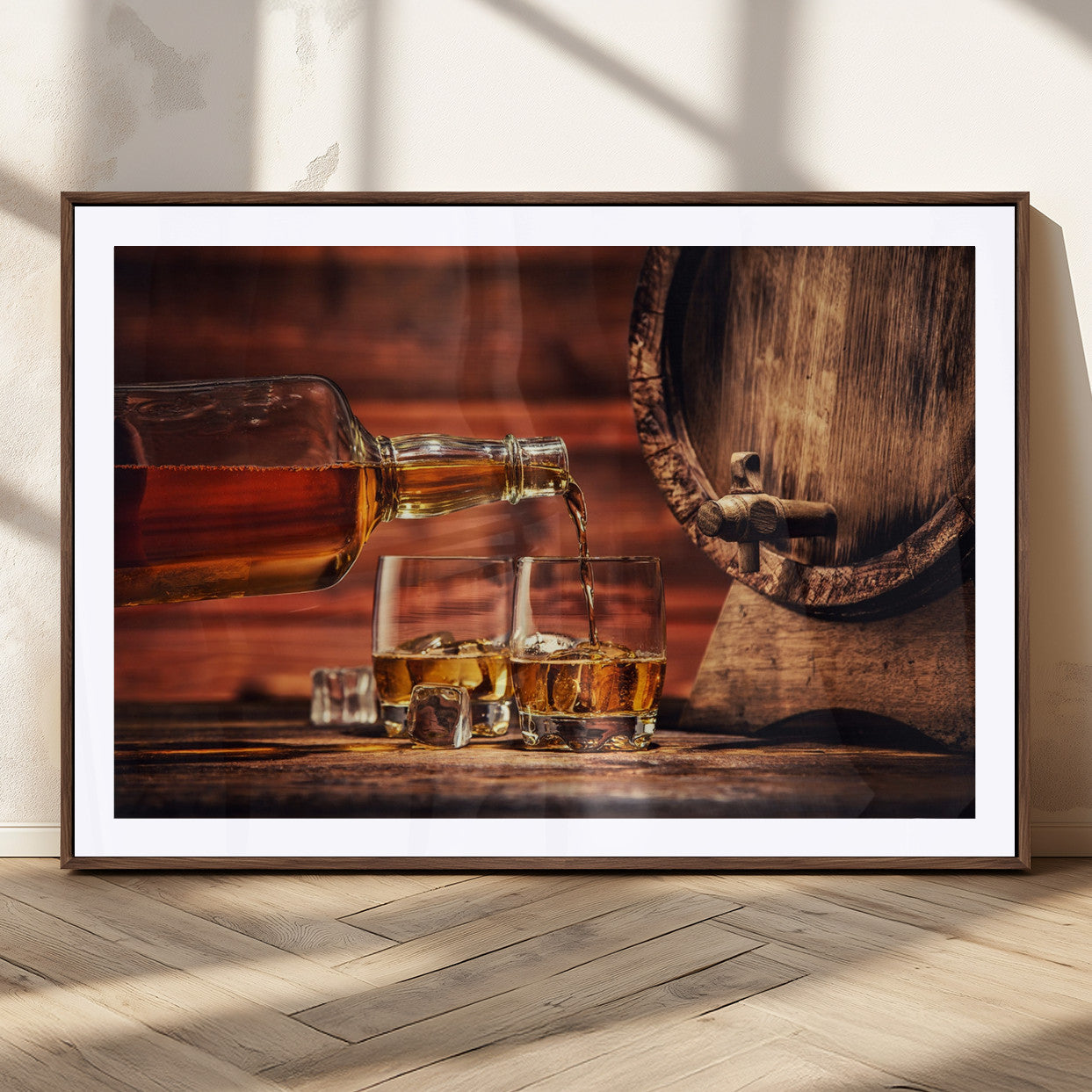 21266-MGC-FP-36x24_Walnut-Pouring Whiskey into Glasses with Ice – Rustic Wooden Barrel Background, Warm Ambient Lighting, Ideal Decor for Home or Office