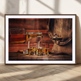 21266-MGC-FP-36x24_Walnut-Pouring Whiskey into Glasses with Ice – Rustic Wooden Barrel Background, Warm Ambient Lighting, Ideal Decor for Home or Office