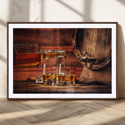 21266-MGC-FP-36x24_Walnut-Pouring Whiskey into Glasses with Ice – Rustic Wooden Barrel Background, Warm Ambient Lighting, Ideal Decor for Home or Office
